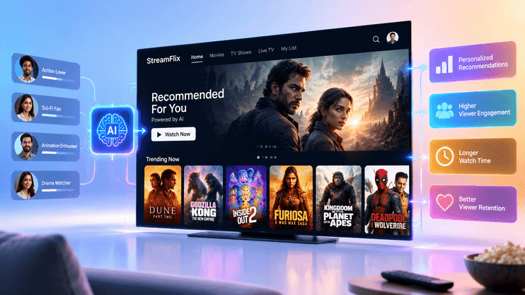 AI personalization for OTT: viewer profiles feeding a recommendation engine into a Recommended For You rail on a smart TV
