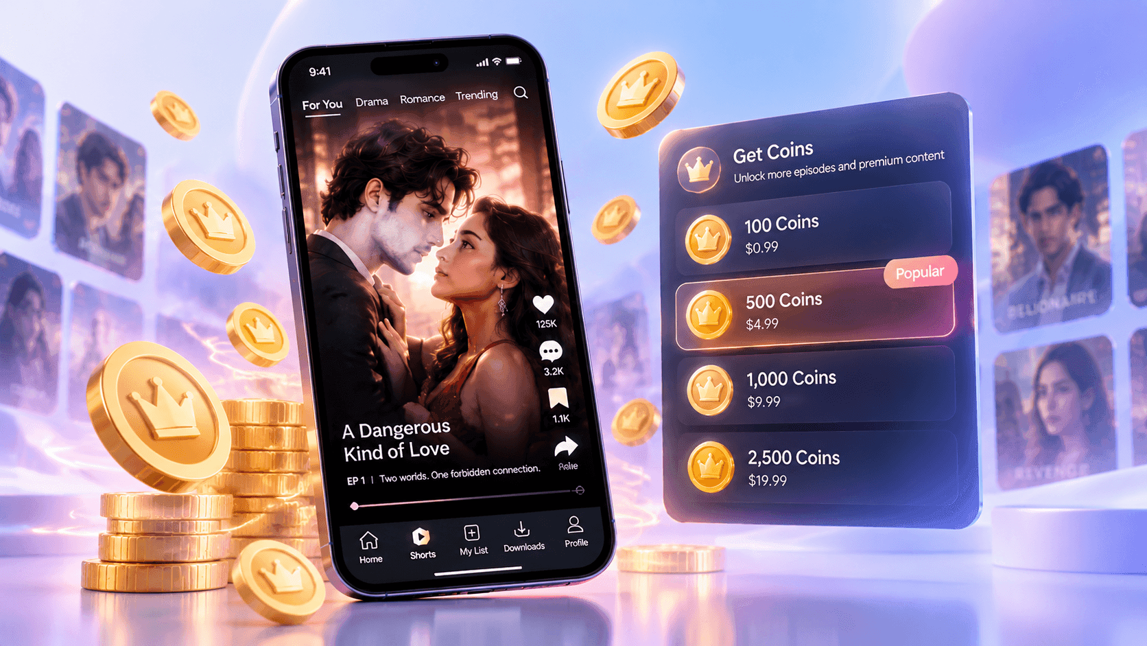 A micro-drama coin wallet and episode unlock flow: coin bundles with prices, an episode locked behind a coin cost, then playing