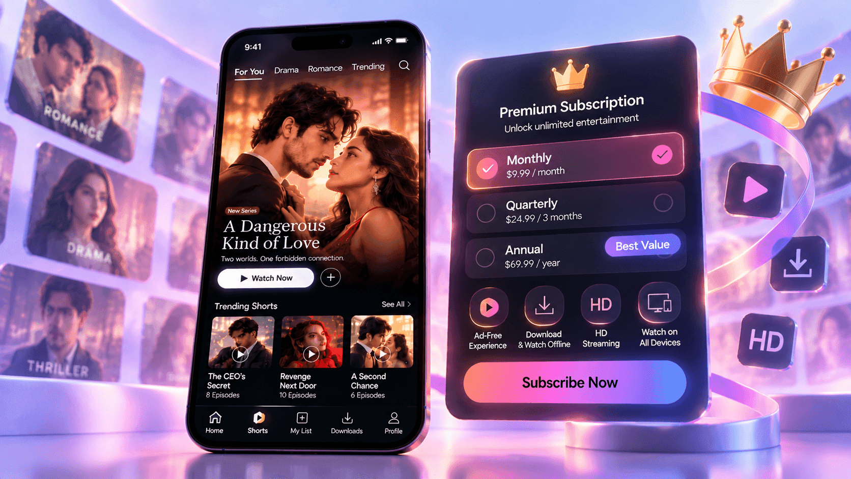 Subscription plans for a micro-drama streaming app, showing tiered pricing alongside the coin-based episode unlock option