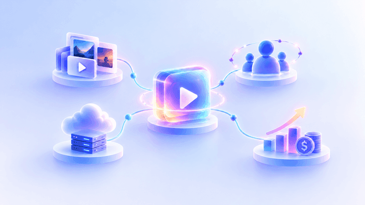 How OTT streaming works: a video player linked to cloud storage, viewer devices, an audience and a revenue chart