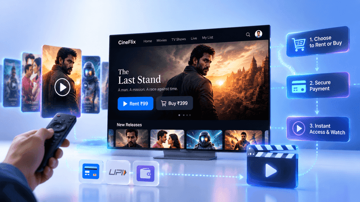 How TVOD works: a film offered to rent or buy on a smart TV, with the three steps from choosing a title to instant access