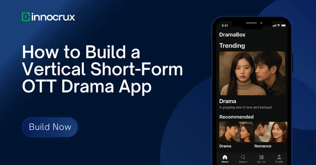 Innocrux promotional banner showing how to build a vertical short-form OTT drama app like DramaBox with mobile UI mockup